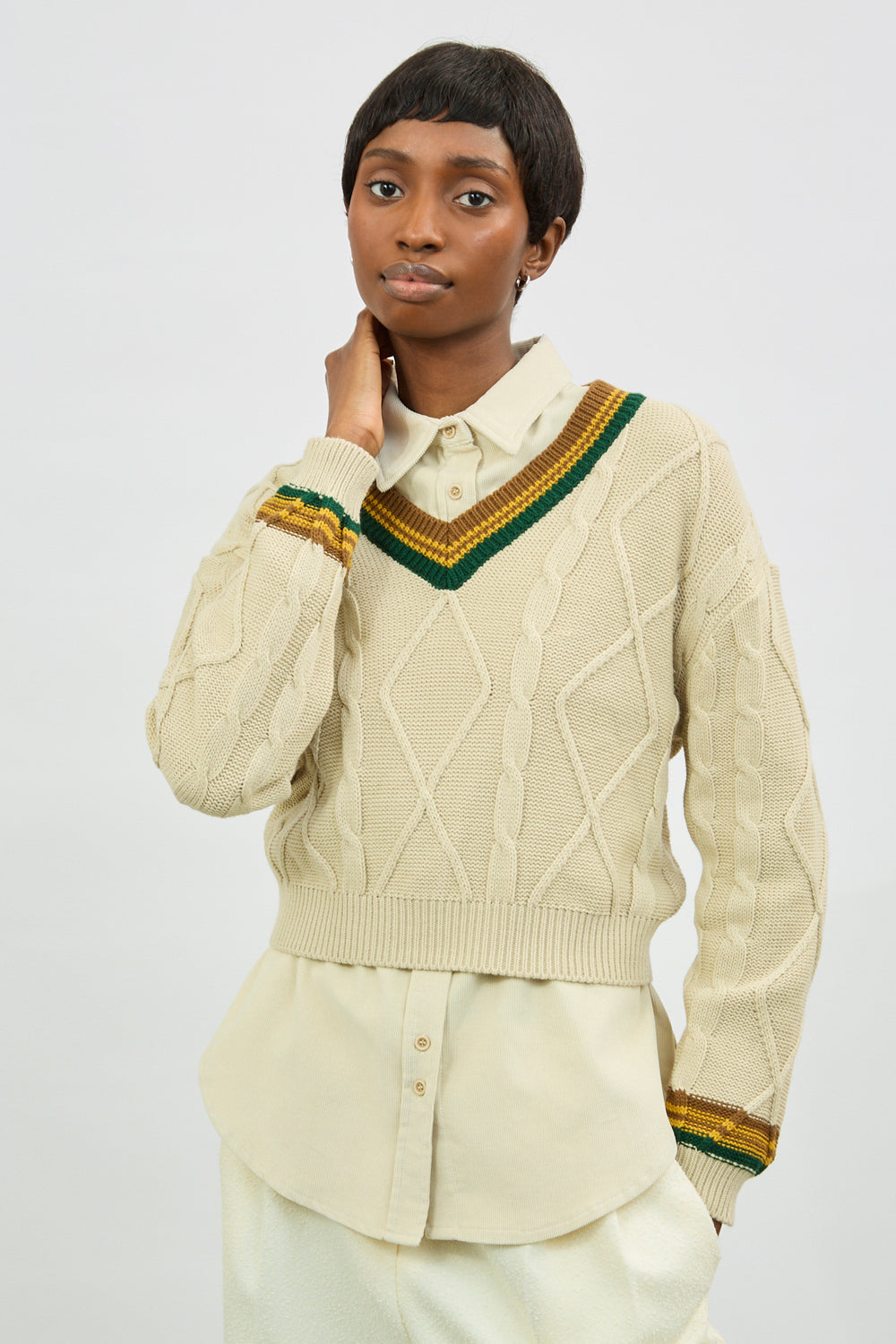 Ivory green and mustard varsity jumper