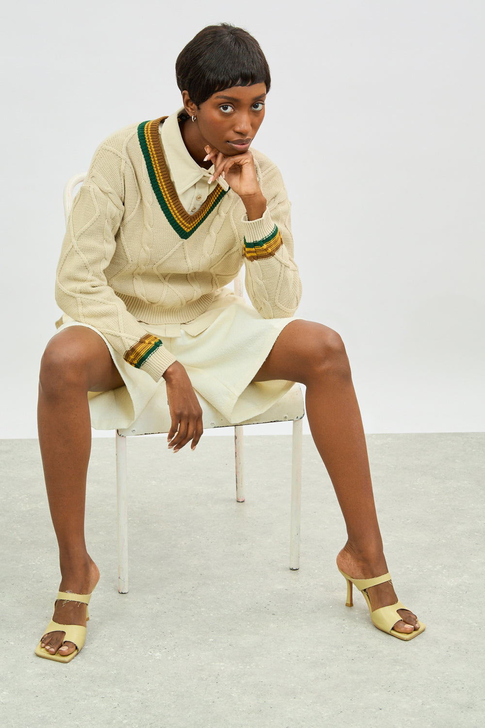 Ivory green and mustard varsity jumper