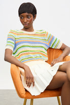 Ivory green and orange striped crochet knit tee_5
