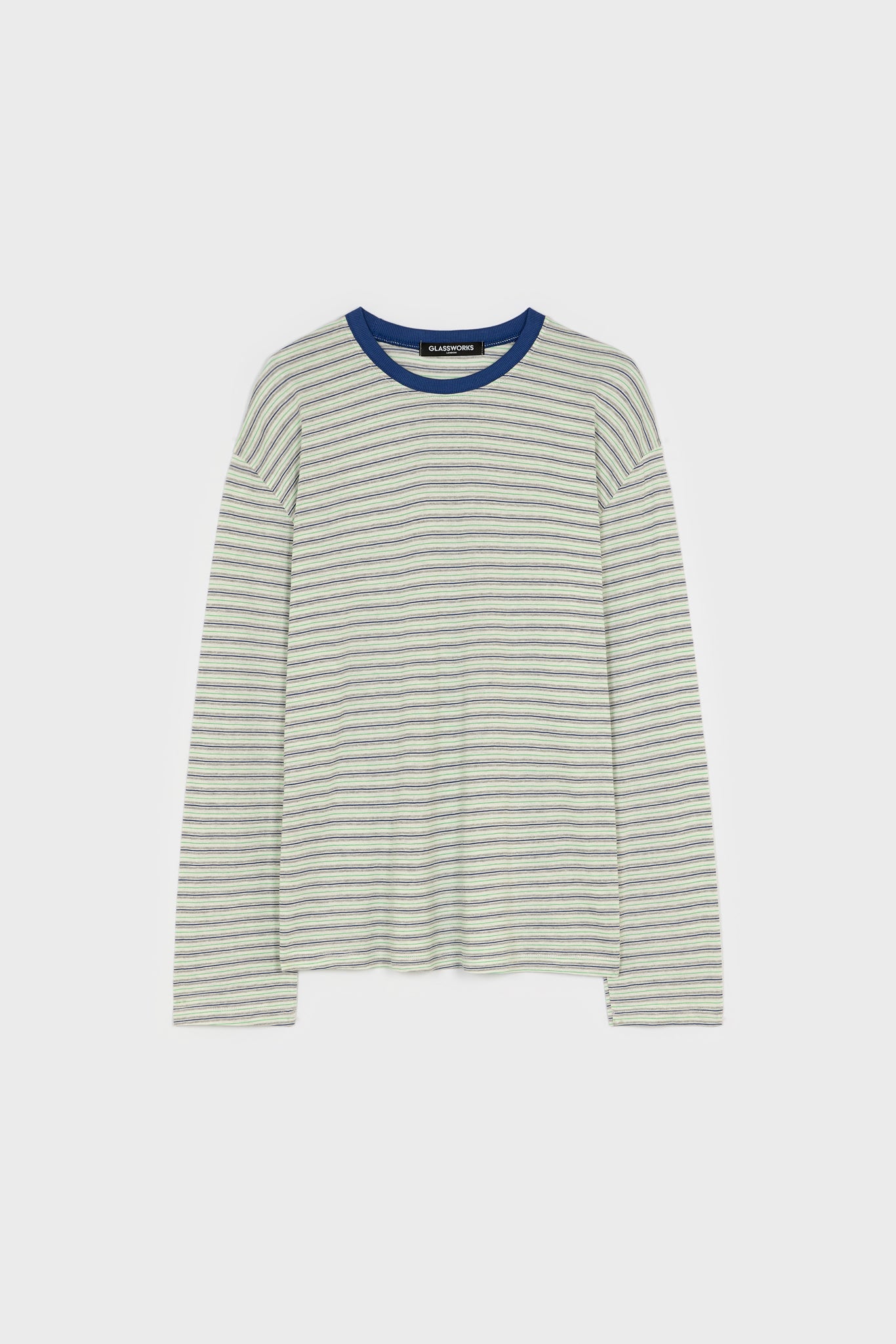 Ivory grey green and blue multi striped contrast collar long sleeved tee_1