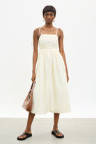 Ivory ruched back tie strap dress_1
