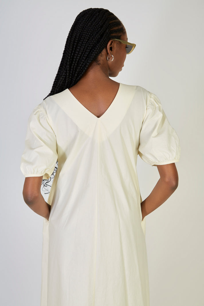 Ivory ruched seam V neck dress