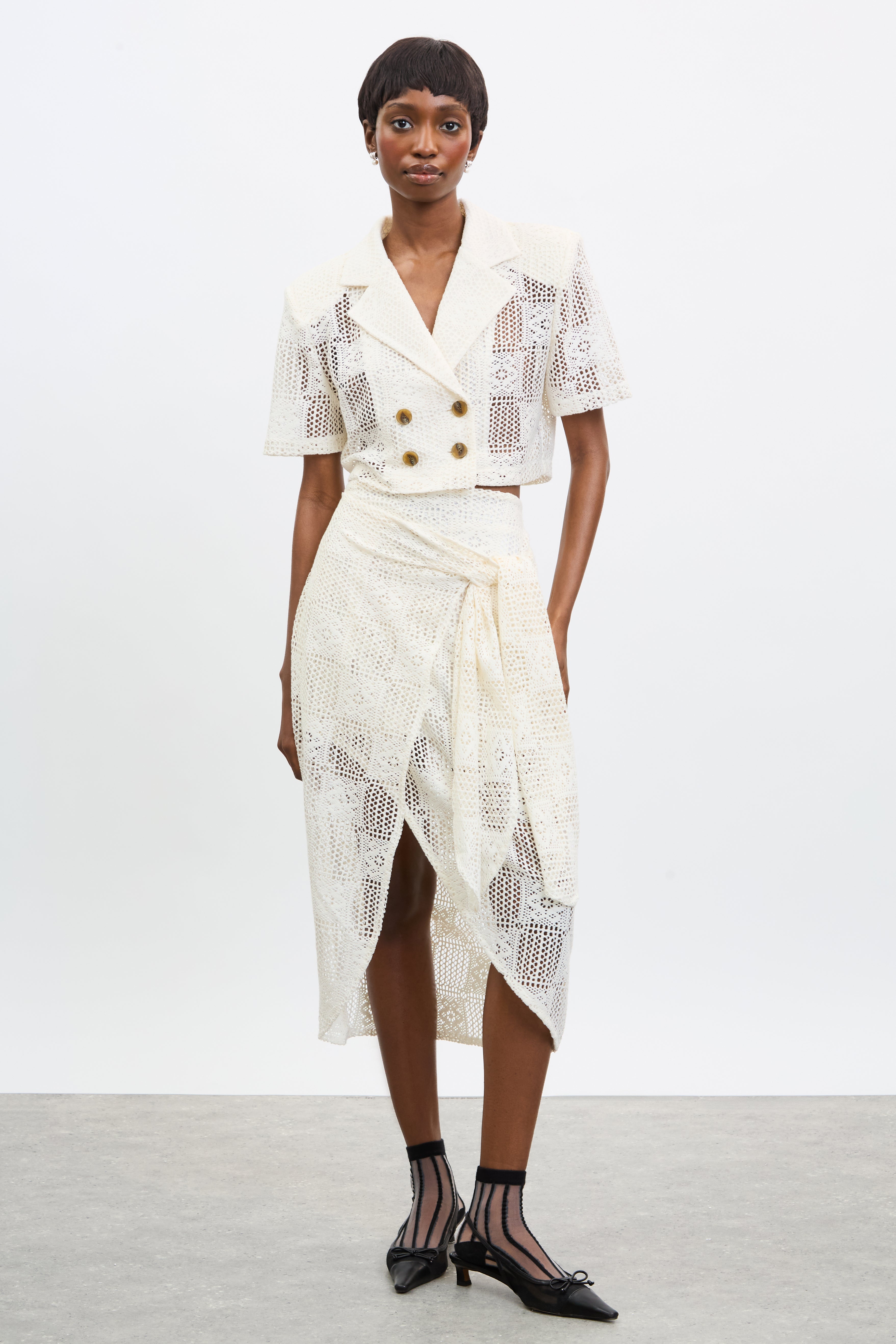 Ivory sheer lace double breasted shirt jacket | Glassworks London