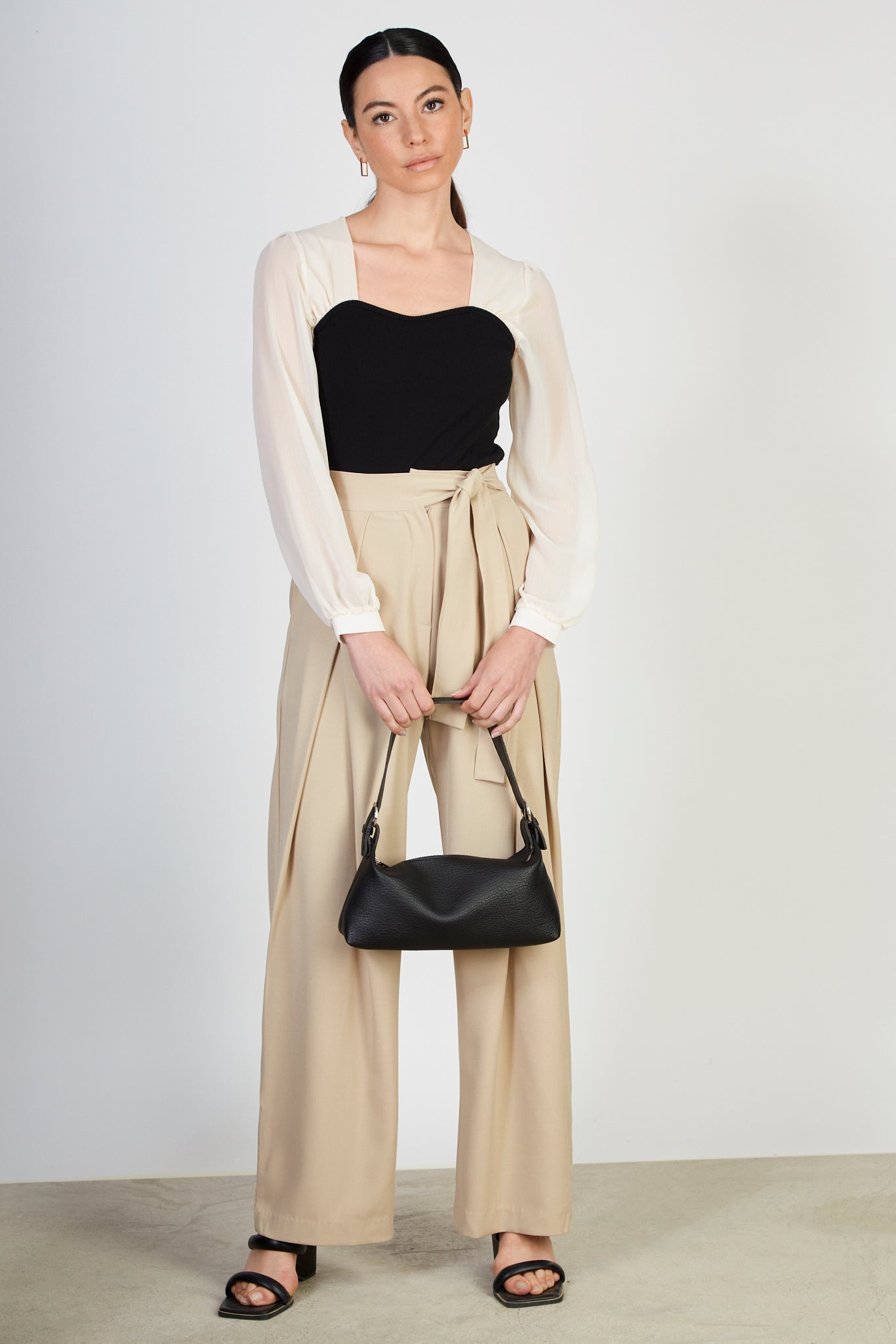 Ivory sheer sleeve black bodice blouse_5