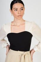 Ivory sheer sleeve black bodice blouse_2
