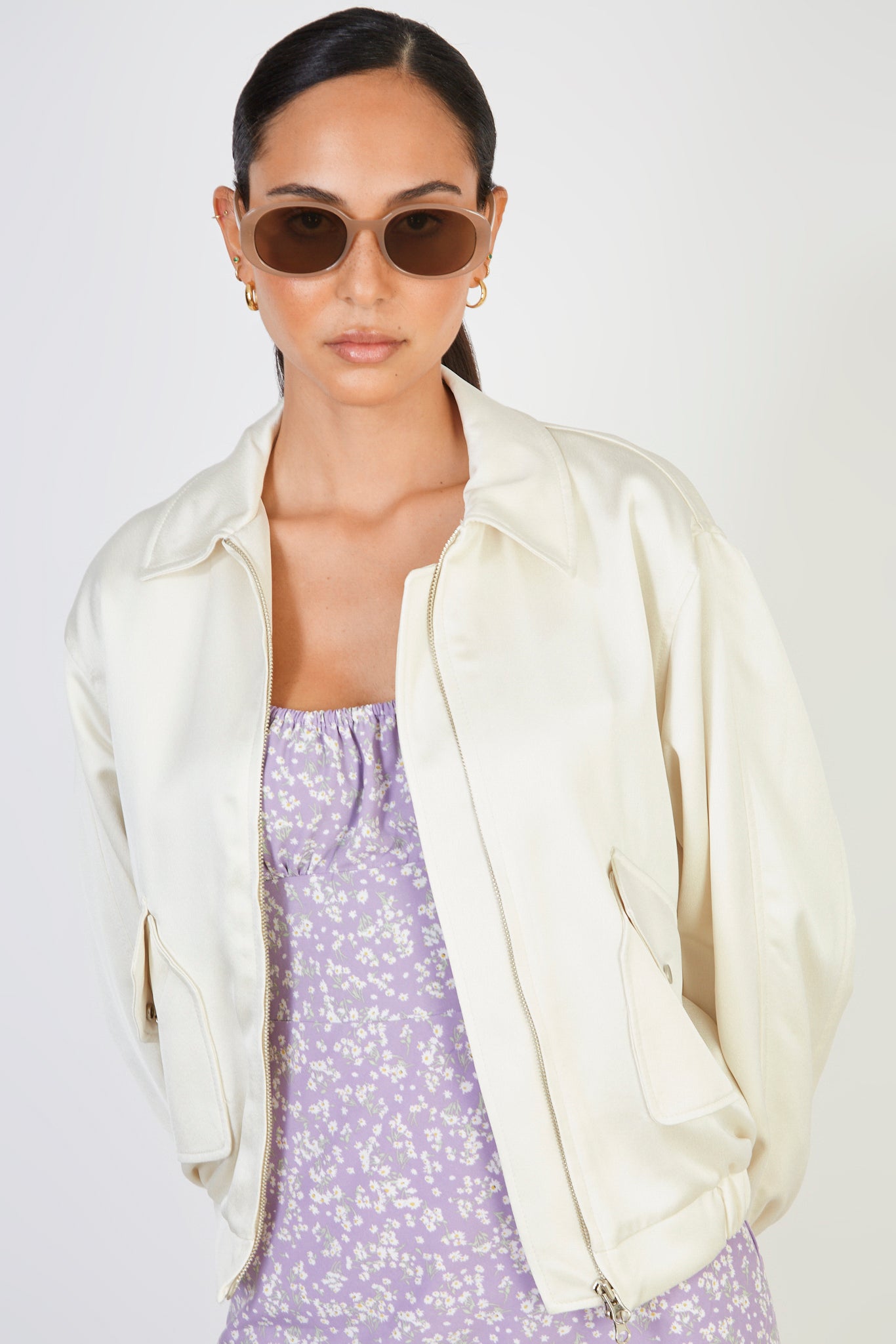 Ivory side pocket bomber jacket