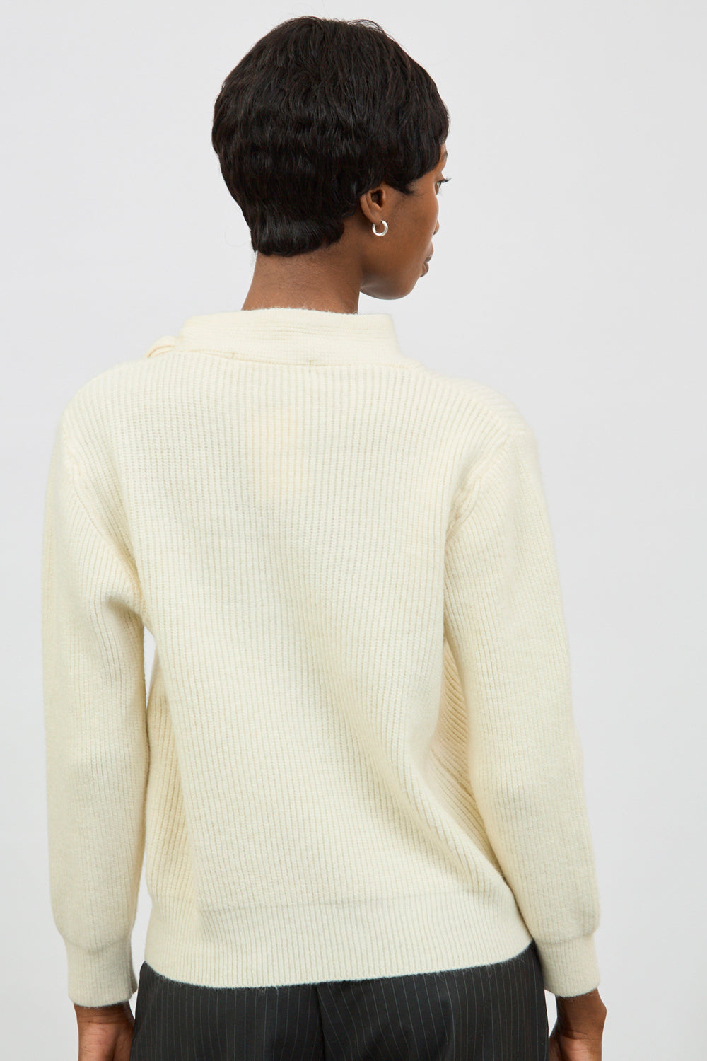 Ivory thick tie neck ribbed jumper