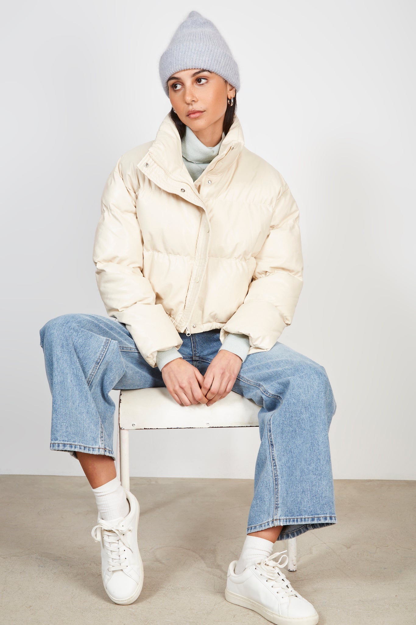 Ivory vegan leather puffer jacket