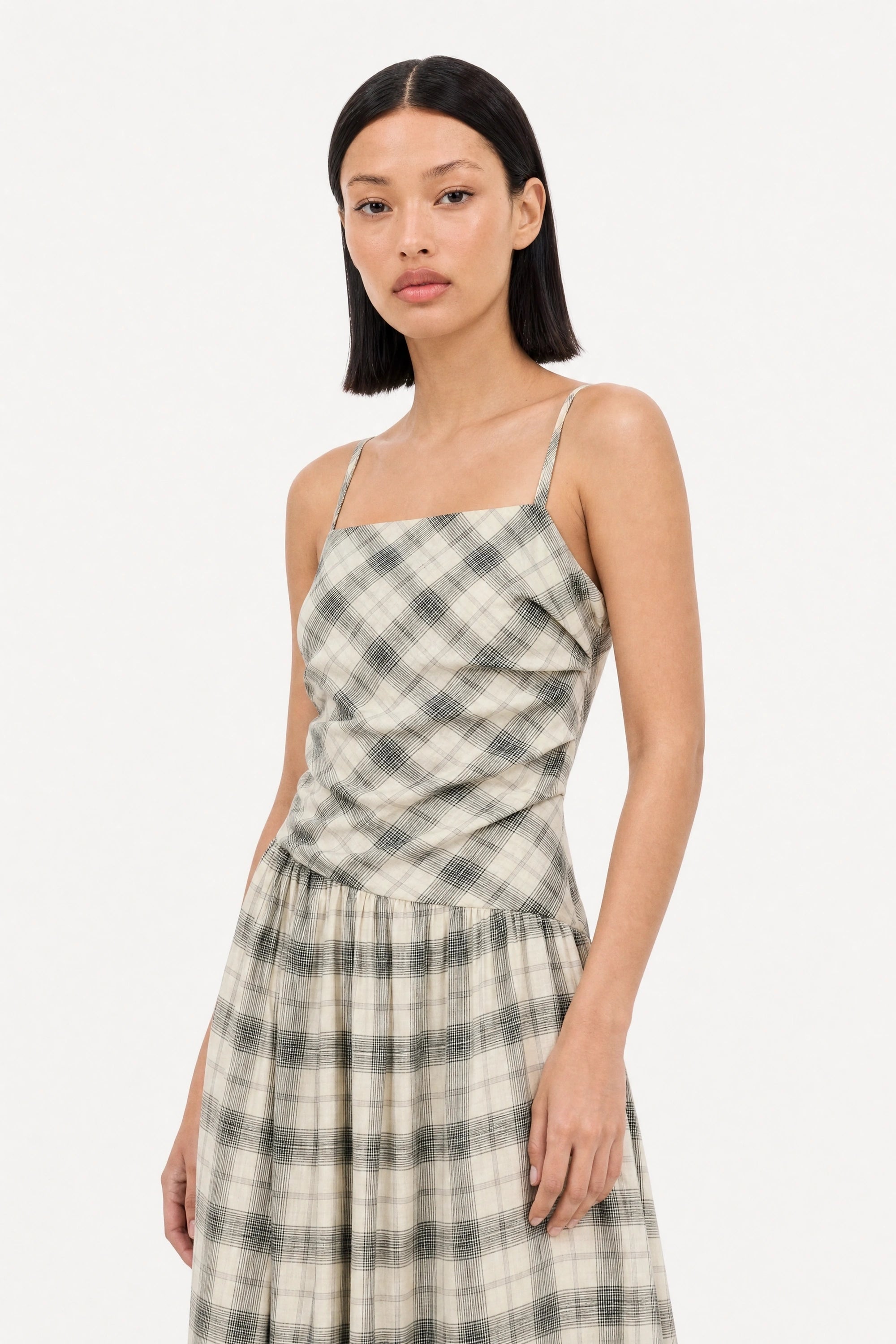 Ivory and grey checked strappy tie back dress_5