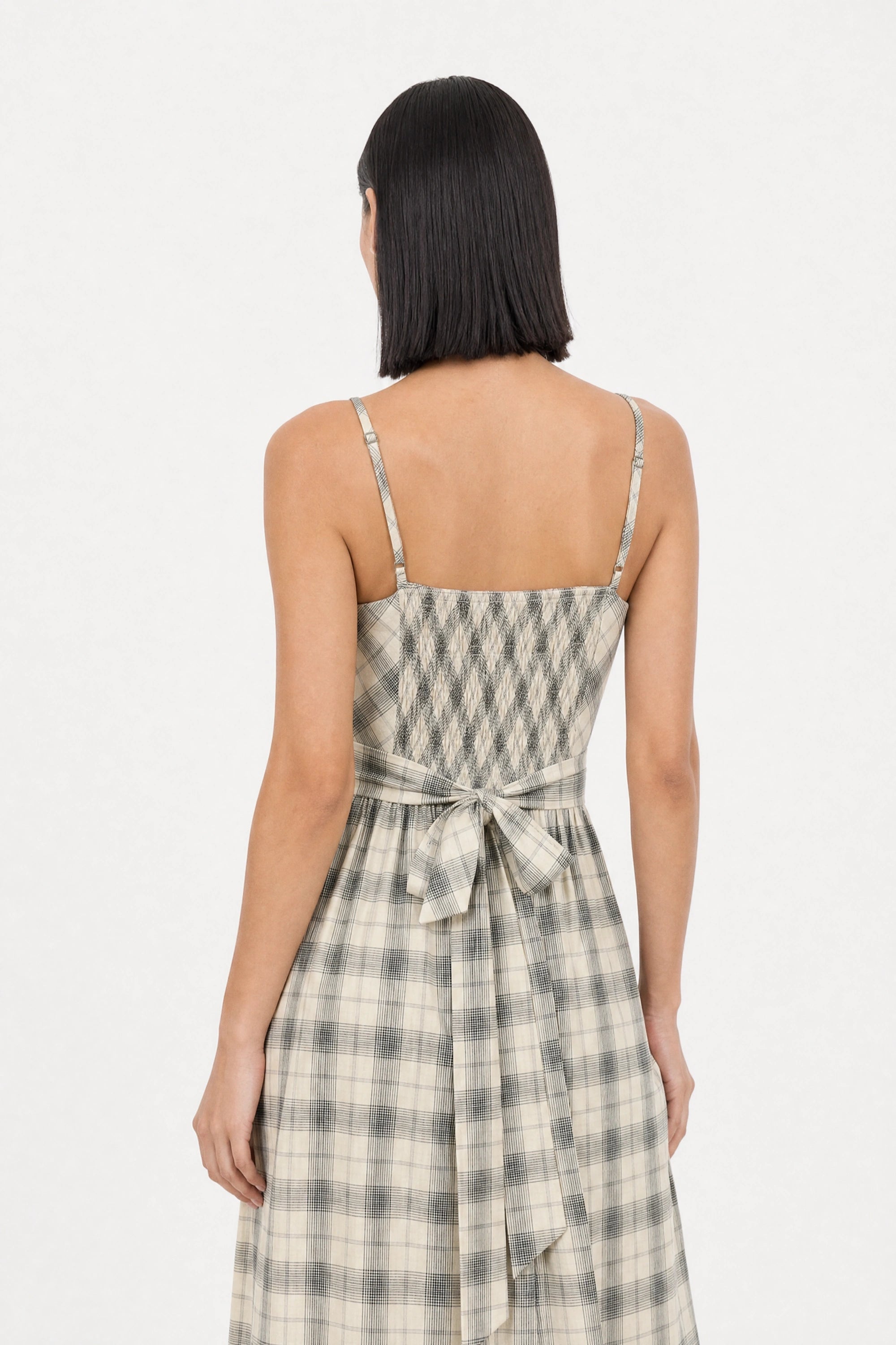 Ivory and grey checked strappy tie back dress_4