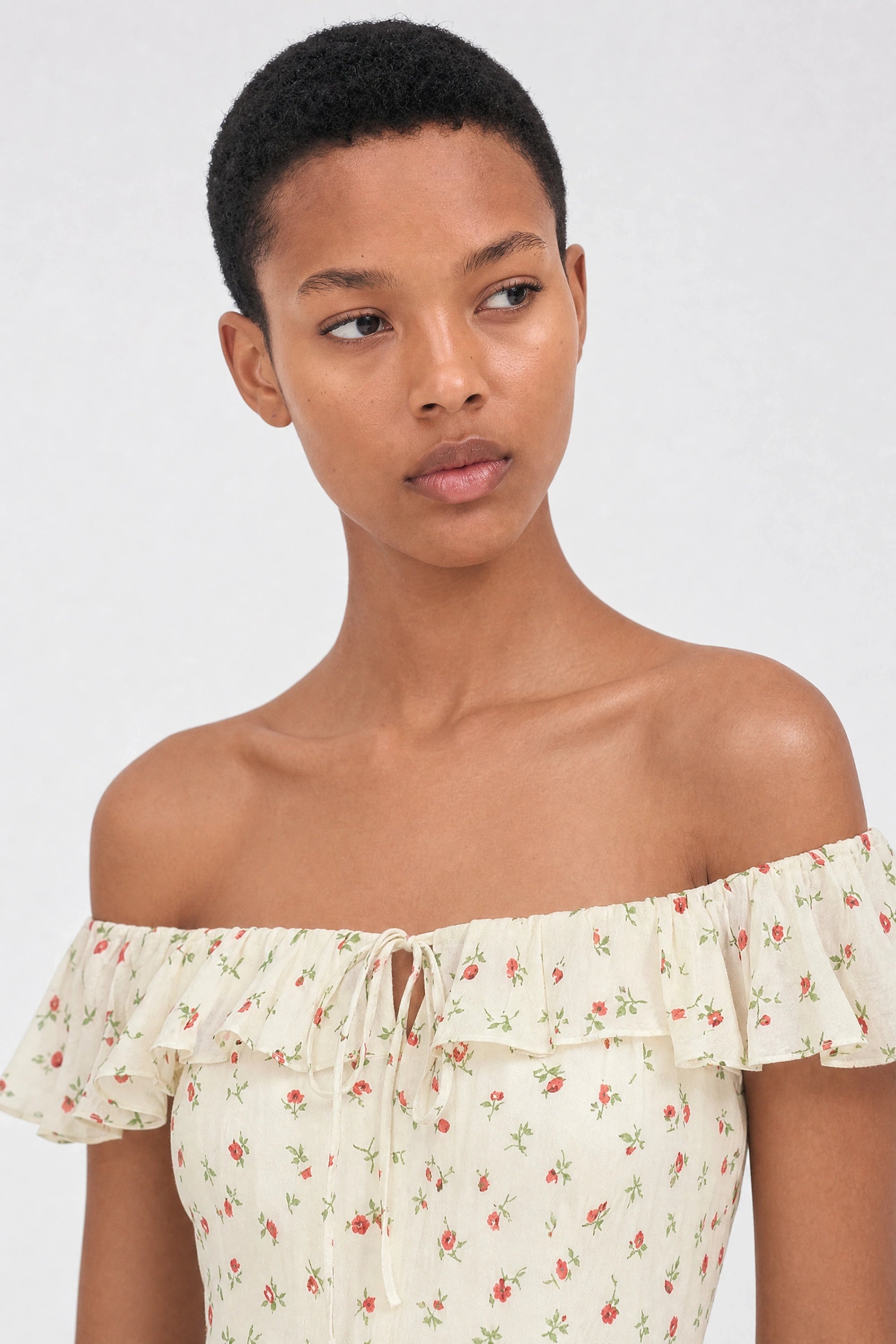 Ivory floral print frill straps silky dress_4