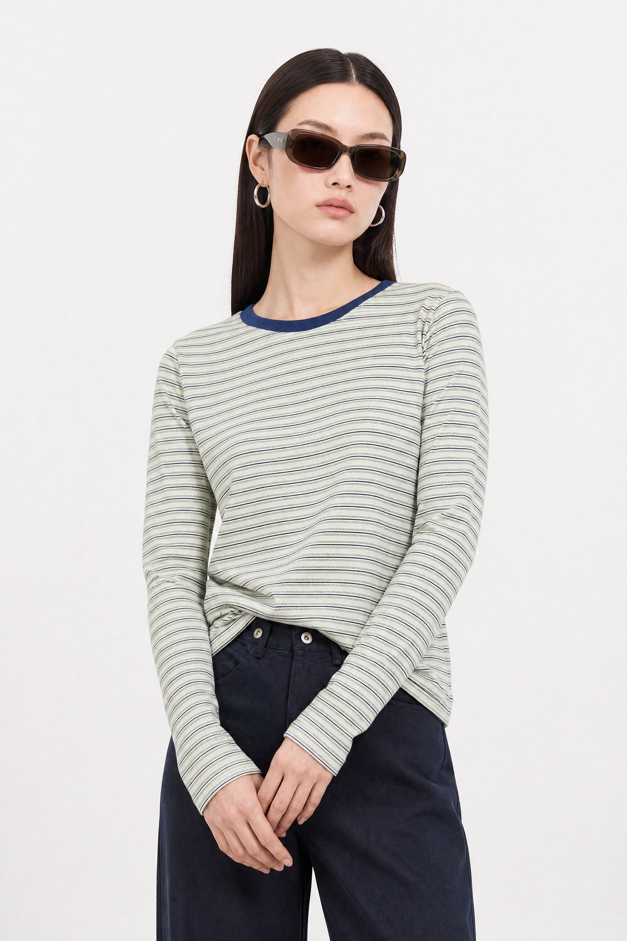 Ivory grey green and blue multi striped contrast collar long sleeved tee_2