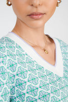 Ivory and green geometric  V-neck jumper_4