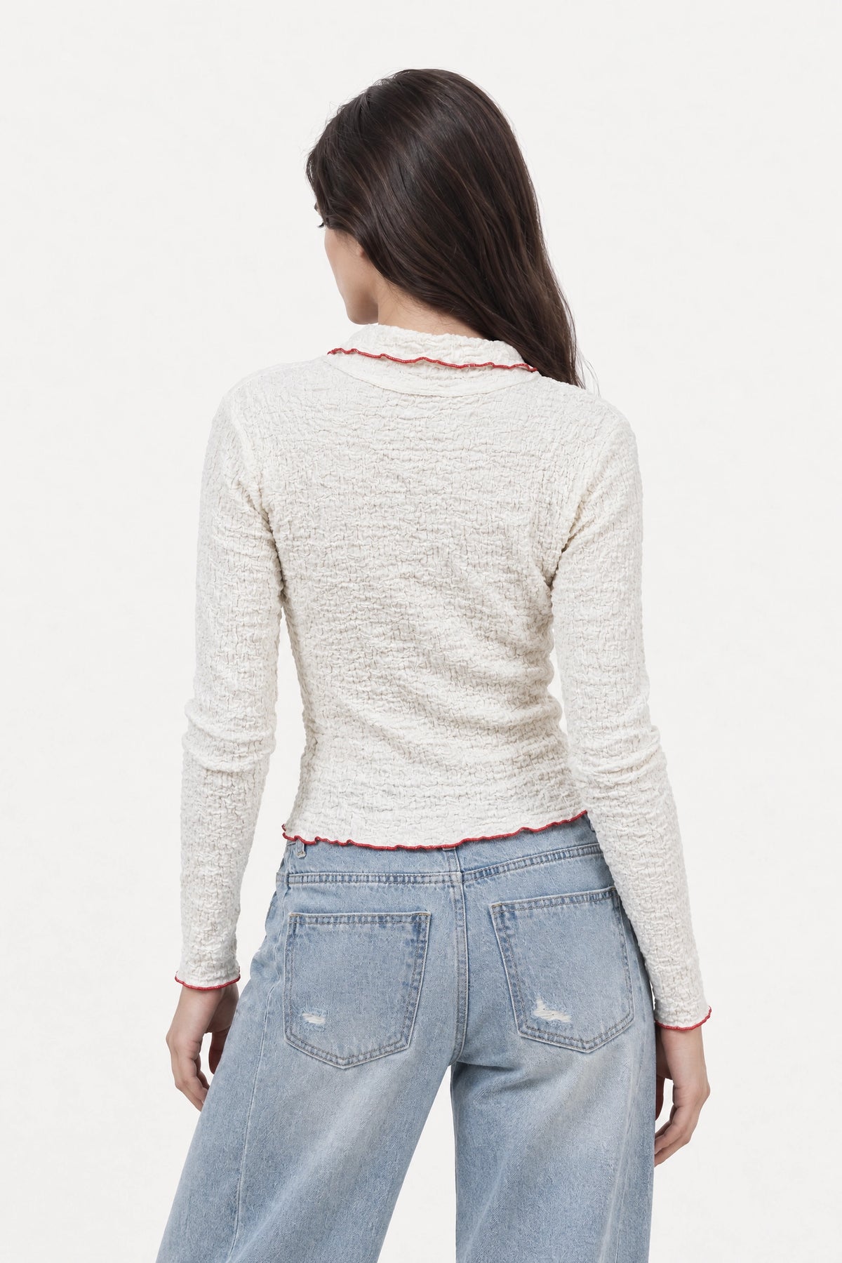 Ivory and red trim button up top_2