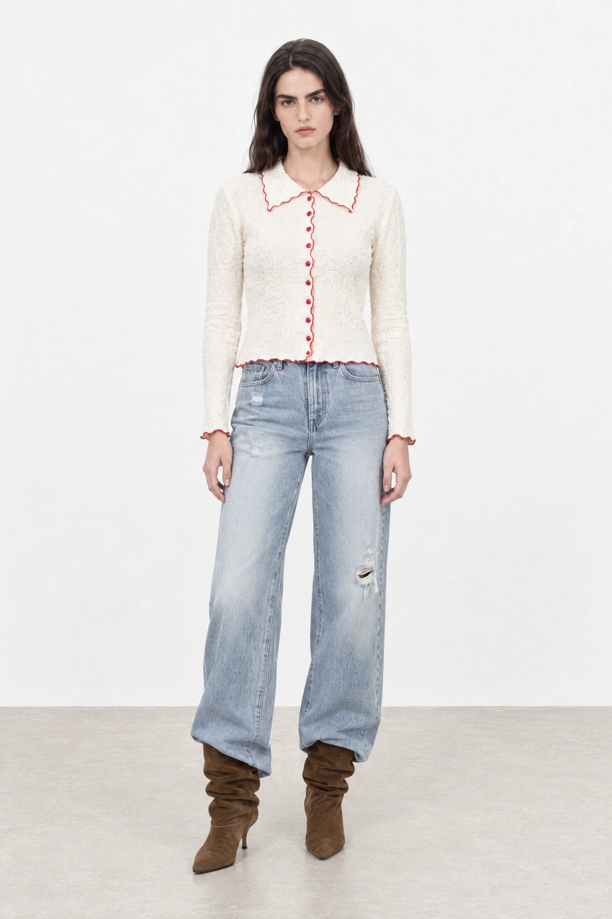 Ivory and red trim button up top_3