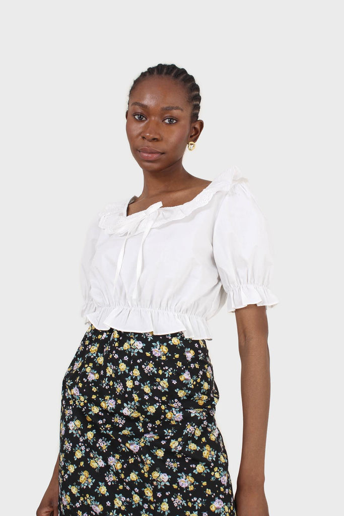 Ivory cropped puff sleeved broderie anglaise trim top_5