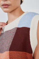 Ivory orange and blue giant check sweater vest_4