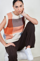 Ivory orange and blue giant check sweater vest_5