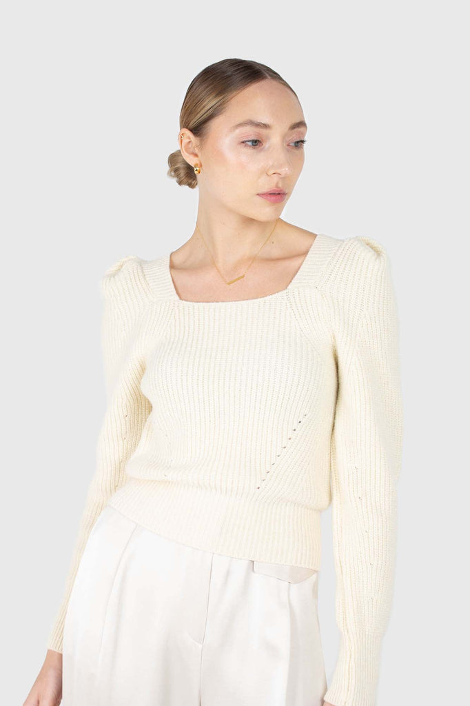 Ivory puff sleeved square neck knit top_1