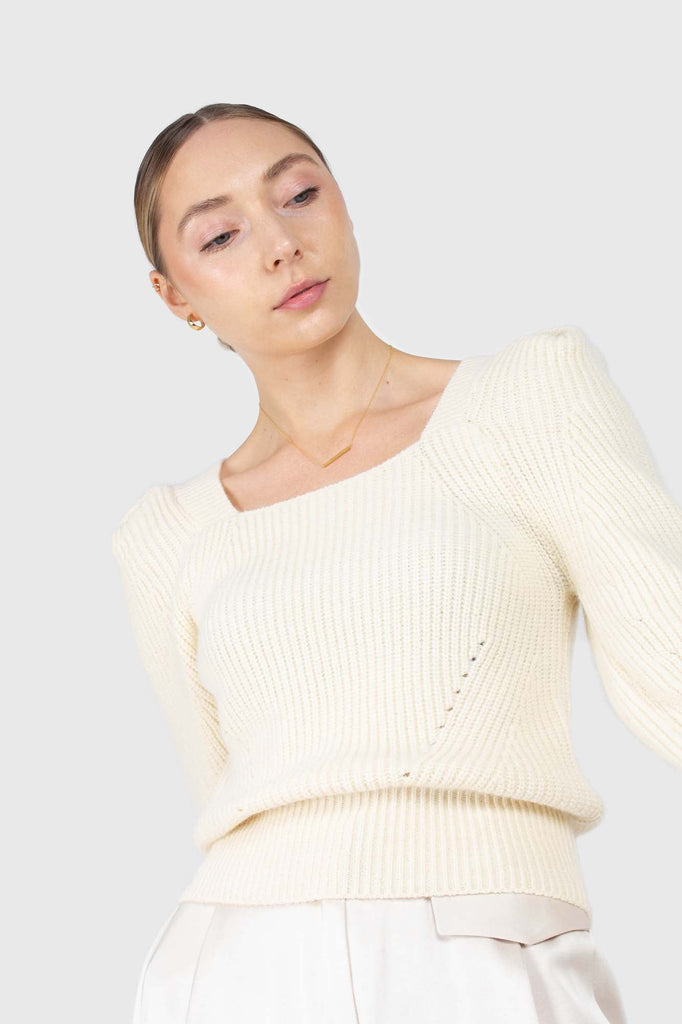 Ivory puff sleeved square neck knit top_4