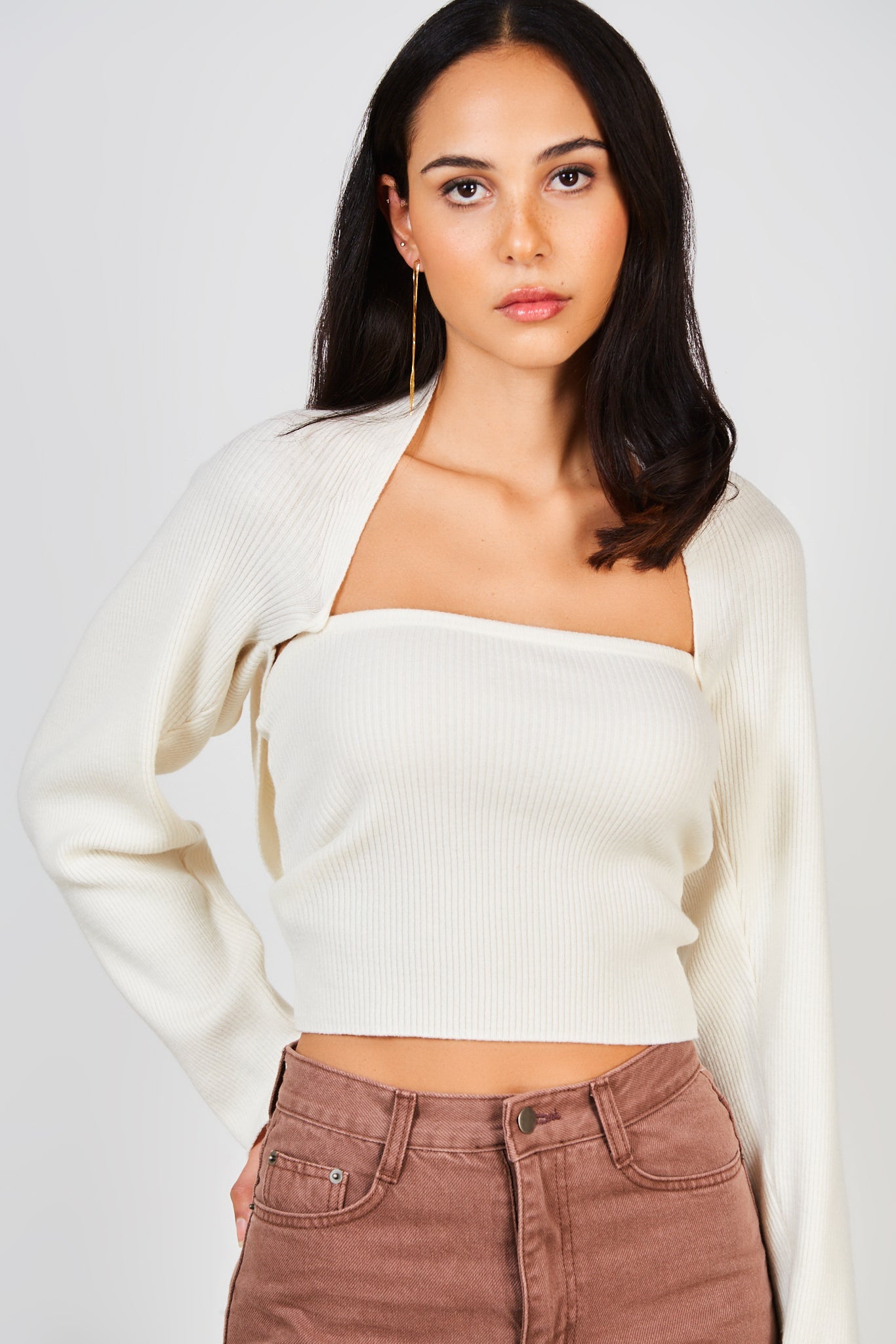 Ivory ribbed knit double button draped jumper