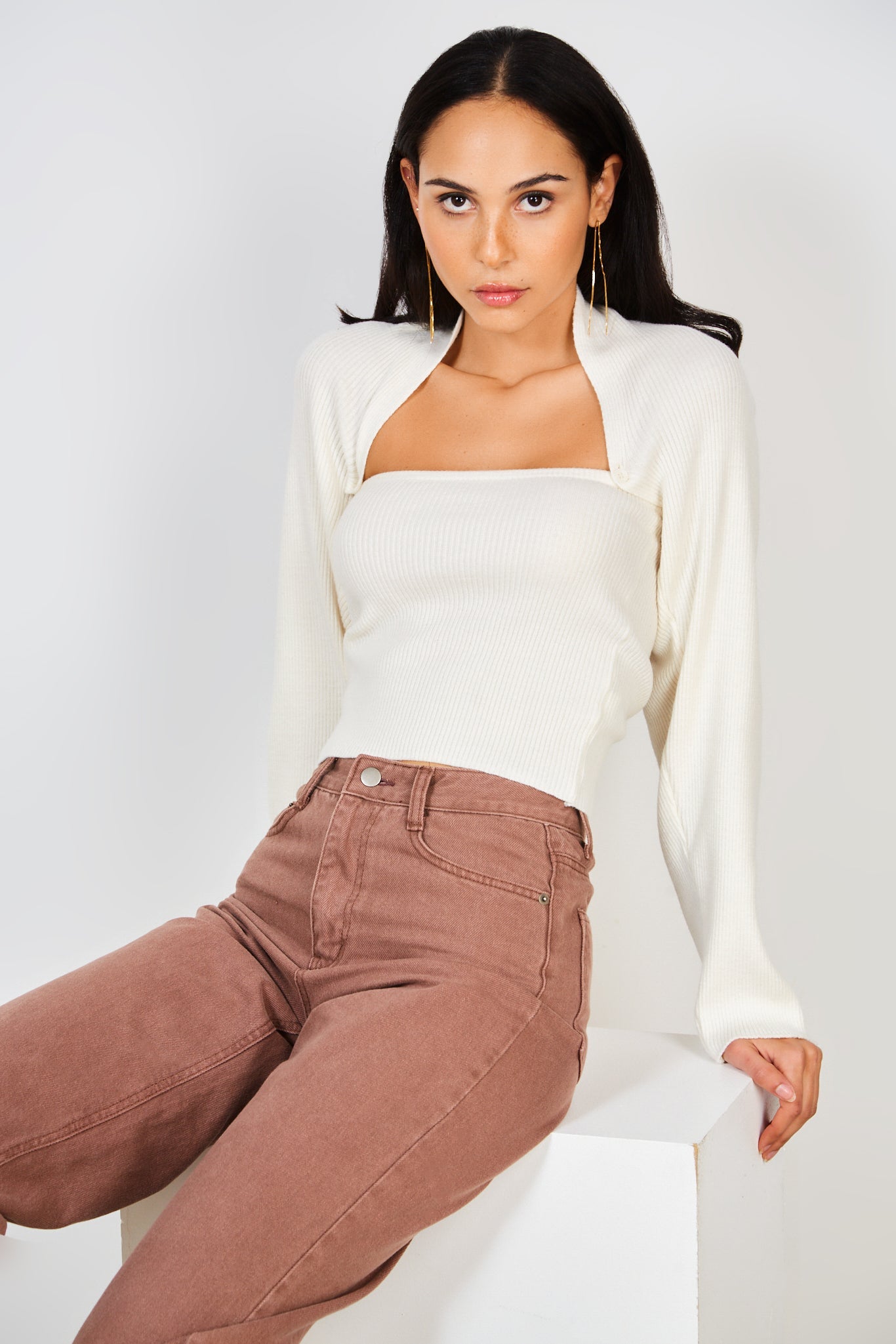 Ivory ribbed knit double button draped jumper