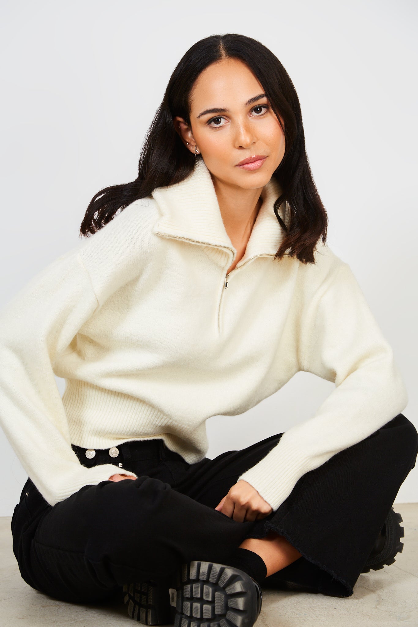 Ivory zip neck collared jumper_1