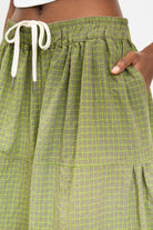 Khaki and white box check flowing trousers_3