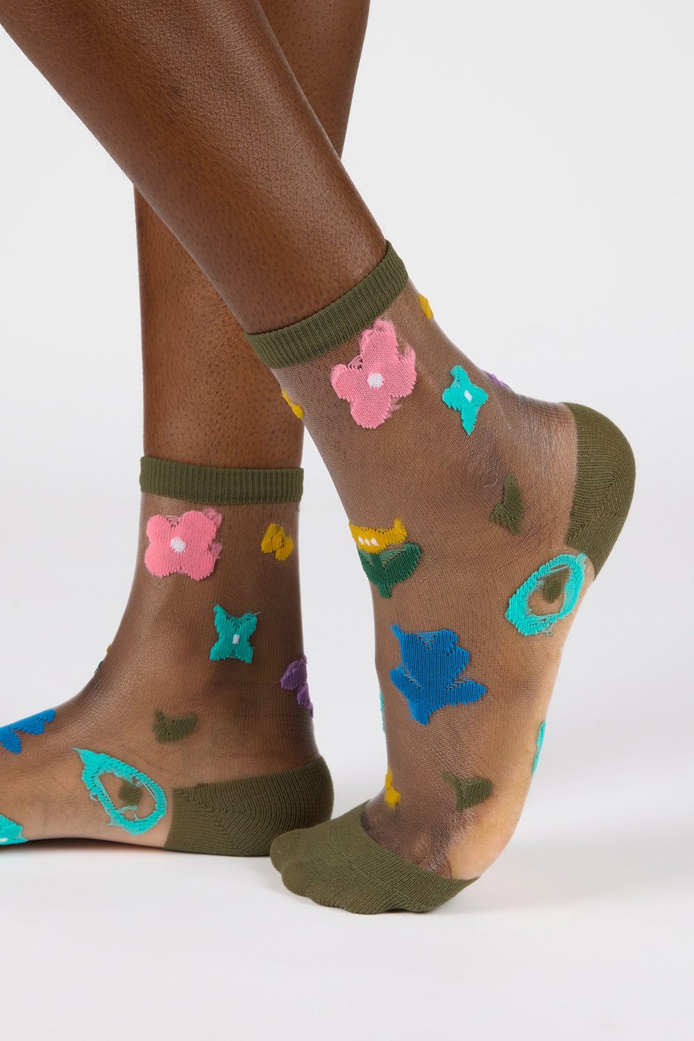 Khaki bright multicolour sheer floral socks_1
