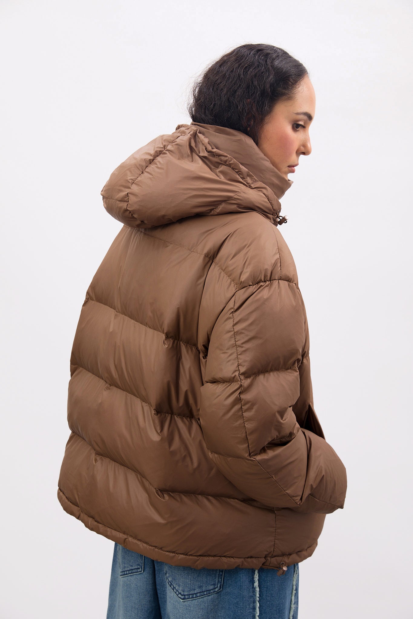 Brown oversized duck down puffer jacket | Glassworks London