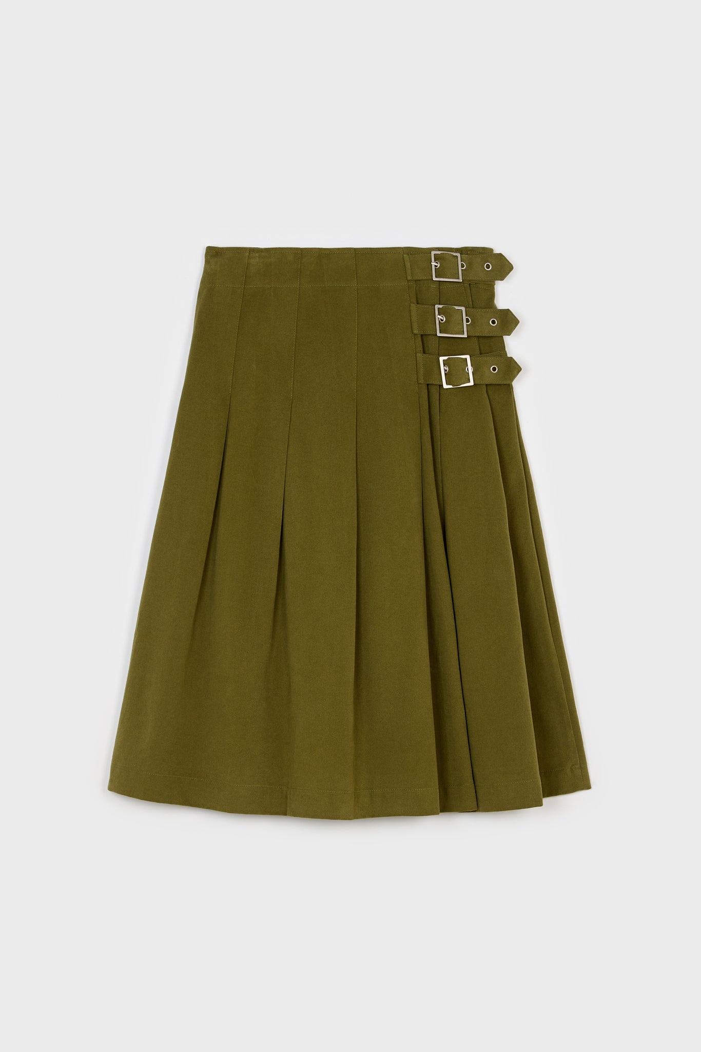 Khaki pleated triple buckle kilt midi skirt_6