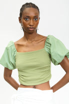Khaki ribbed jersey contrast puff sleeve top_1