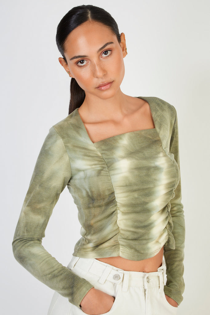 Khaki tie dye ruched long sleeve top_1