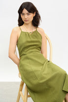 Khaki tie waist thin strap midi dress_5