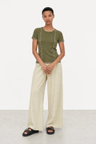Khaki ribbed contrast trim double line tee_4