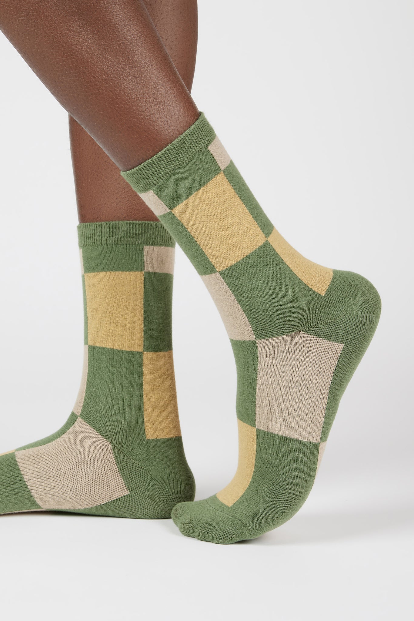Khaki and mustard giant block check socks_1