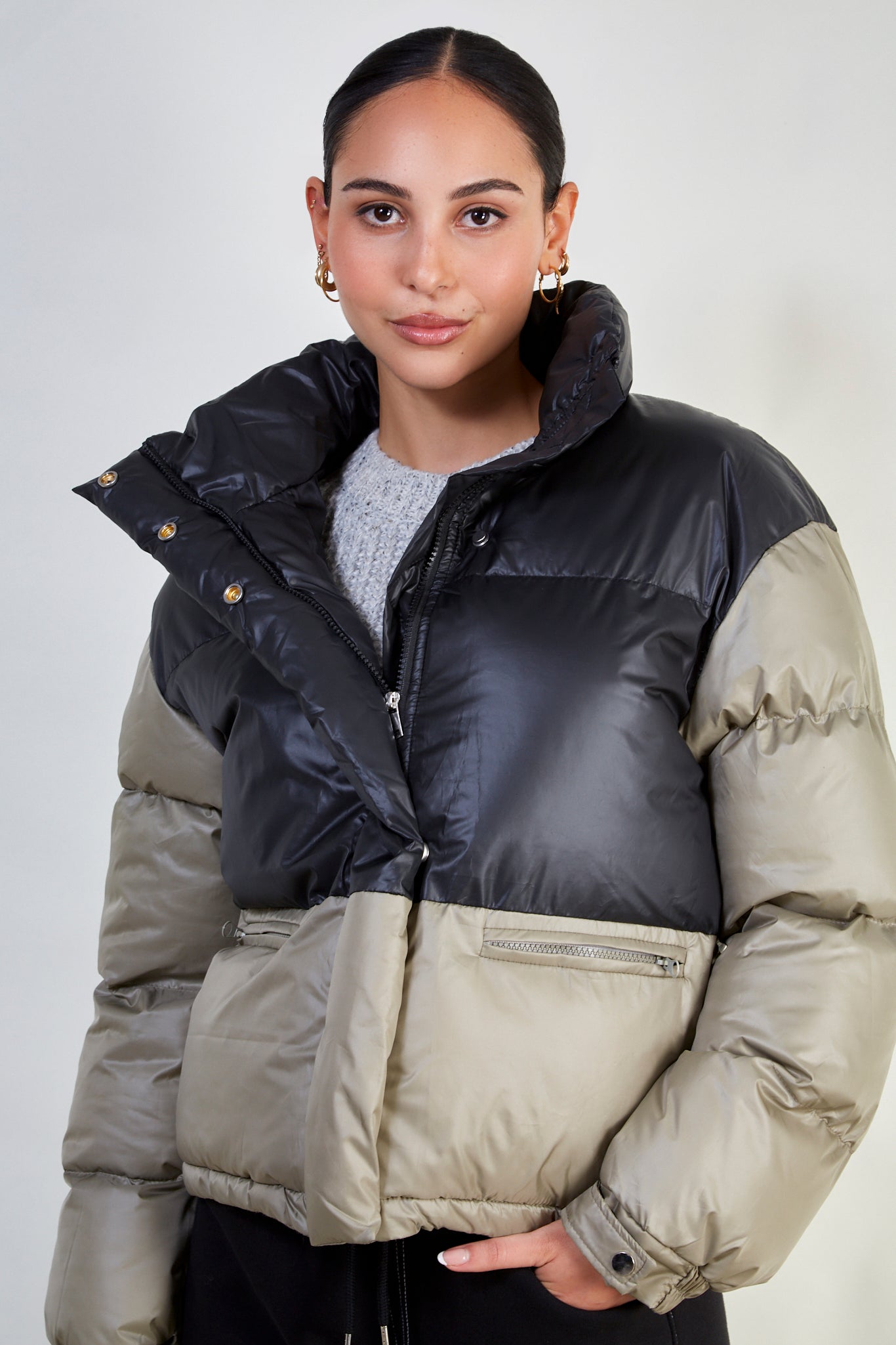 Khaki and navy two tone puffer jacket_1
