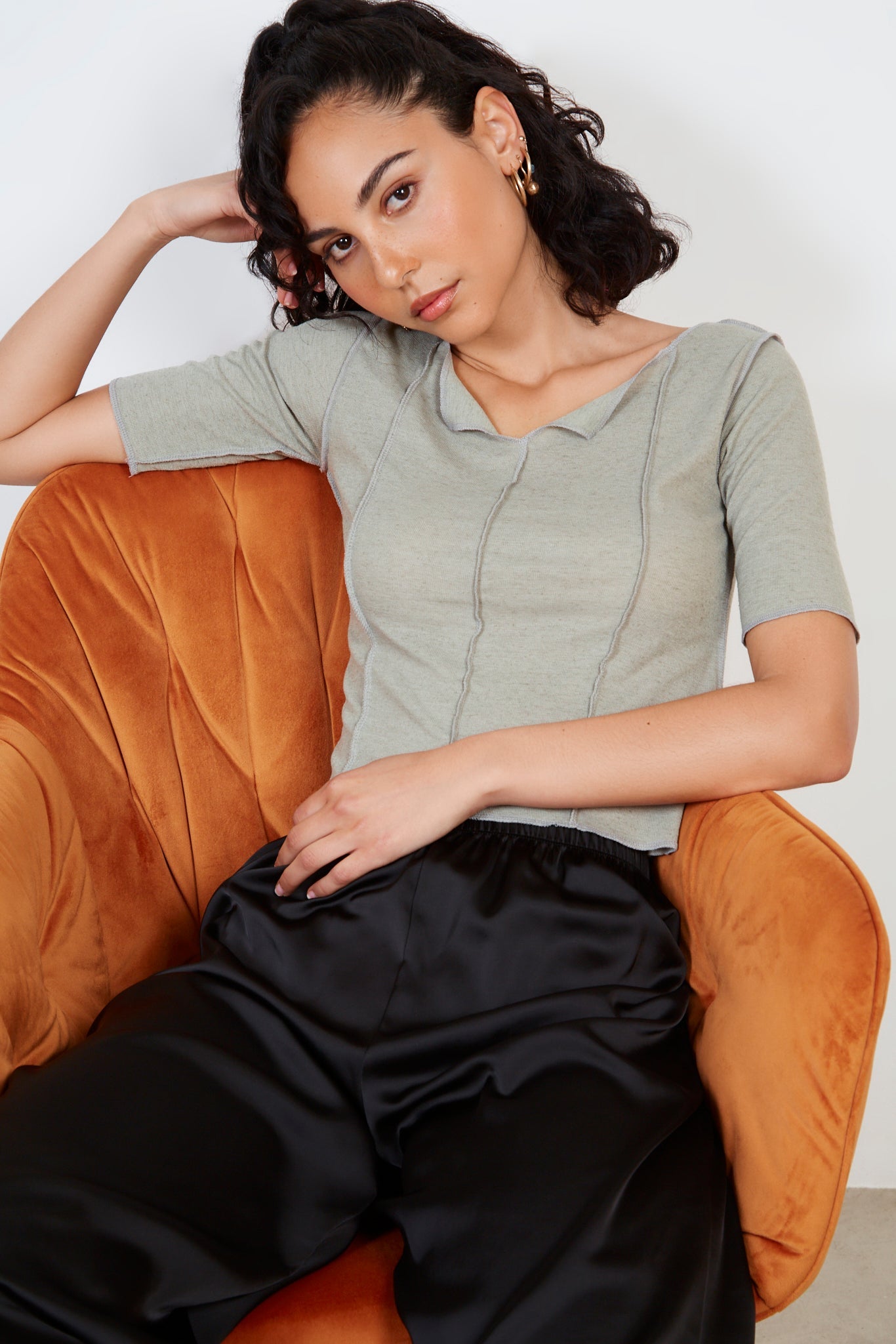 Khaki vertical trim short sleeve top_5