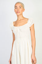 Light beige ruched sleeve cinch waist dress_3