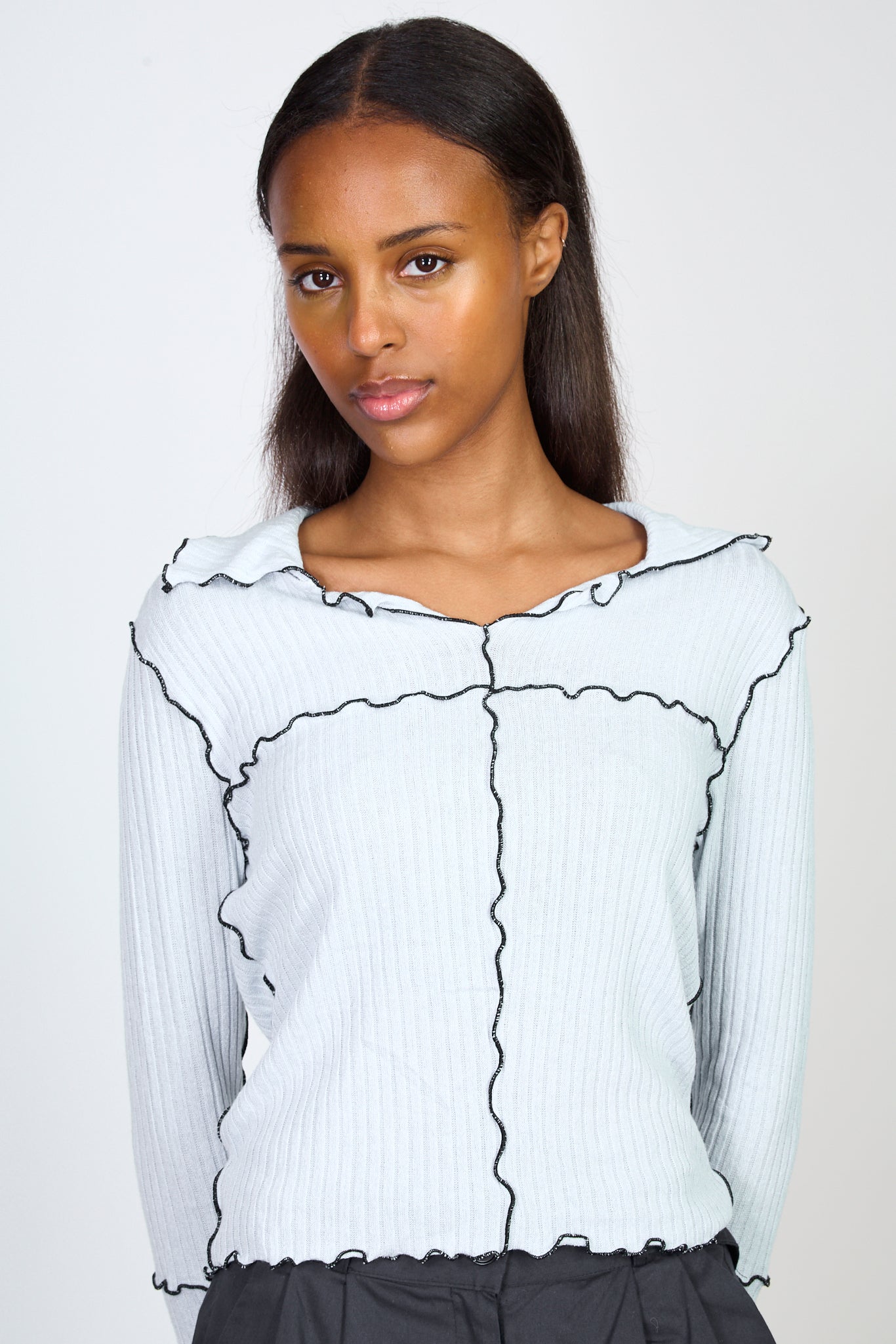 Light blue and black trim collar top_1