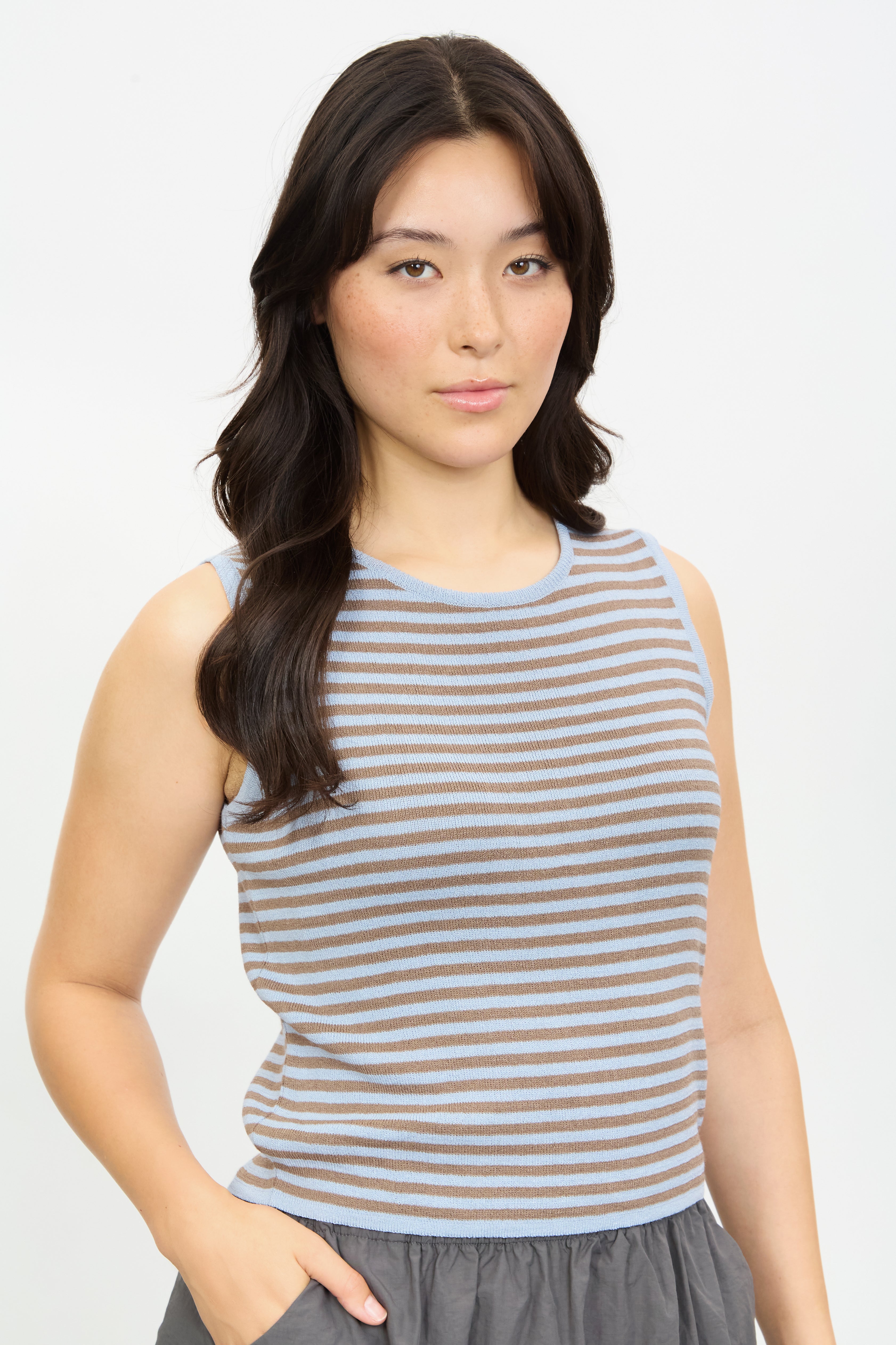 Light blue and brown striped knit vest_1