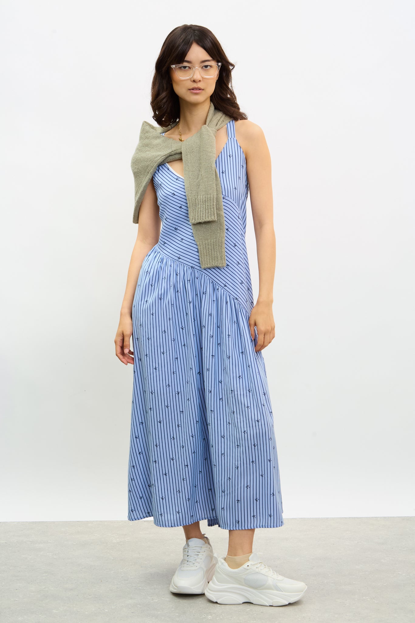 Light blue and navy striped ribbon print dress_1