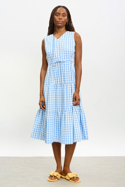 blue and white gingham dress Blue Gingham Strapless Maxi Dress With Pockets