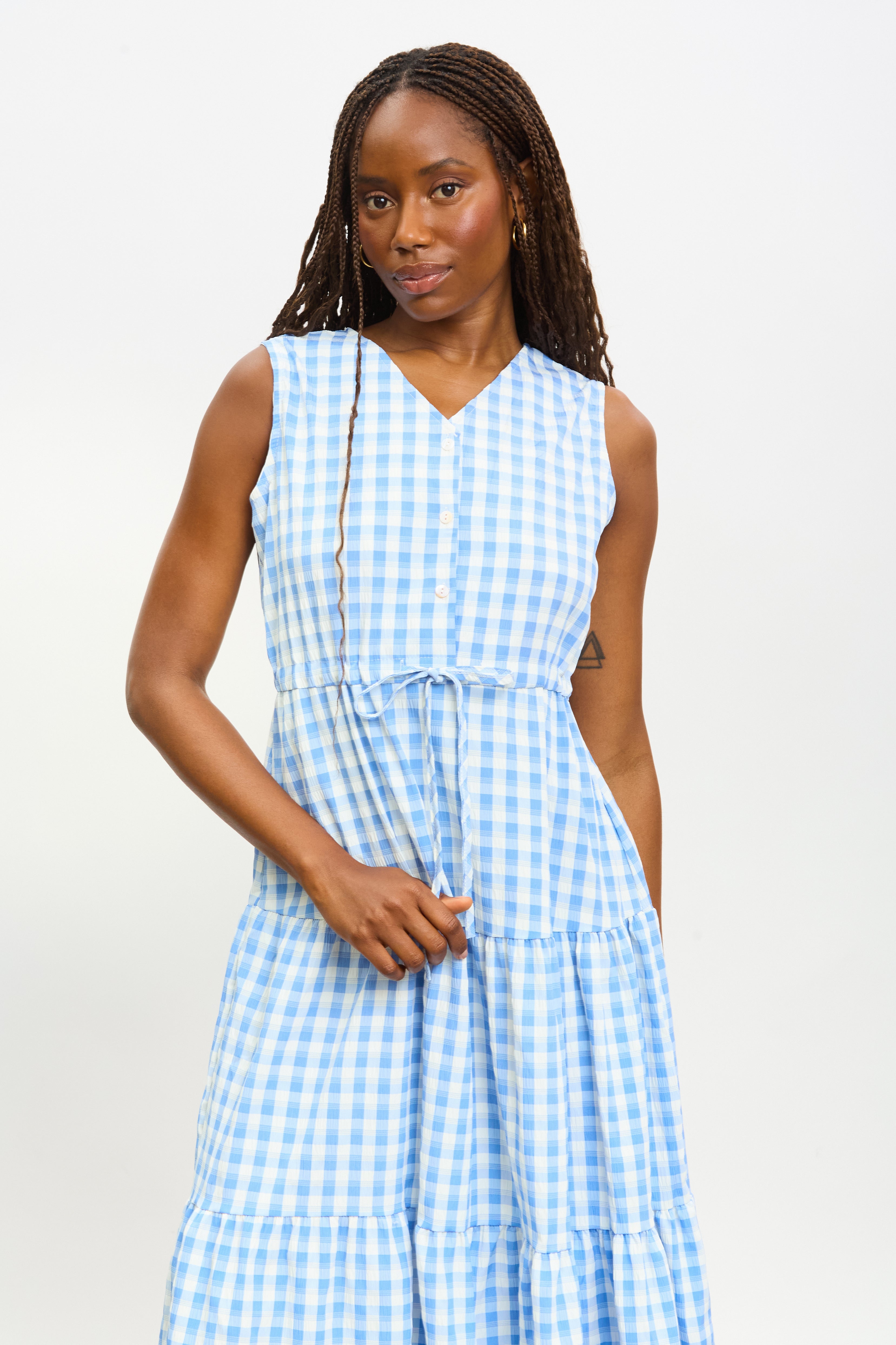 Light blue and white gingham tiered midi dress