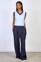 Light blue cable knit varsity trim sweater vest_4