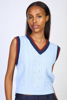 Light blue cable knit varsity trim sweater vest_1