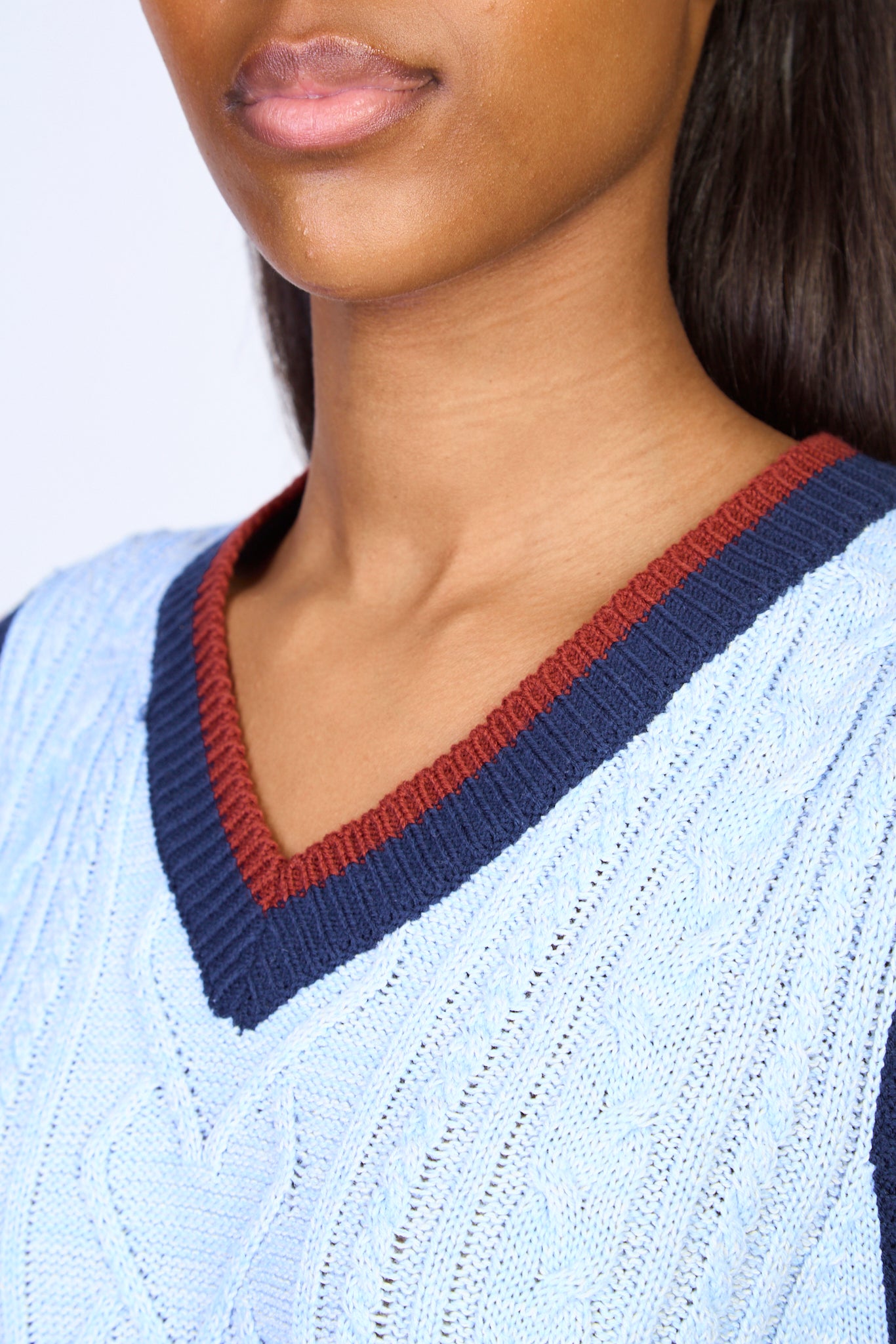 Light blue cable knit varsity trim sweater vest_3