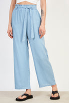 Light blue denim belted wide leg trousers_1