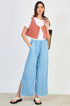 Light blue denim frayed hem wide leg trousers_4