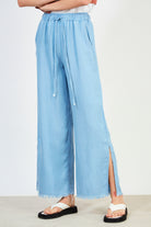 Light blue denim frayed hem wide leg trousers_1